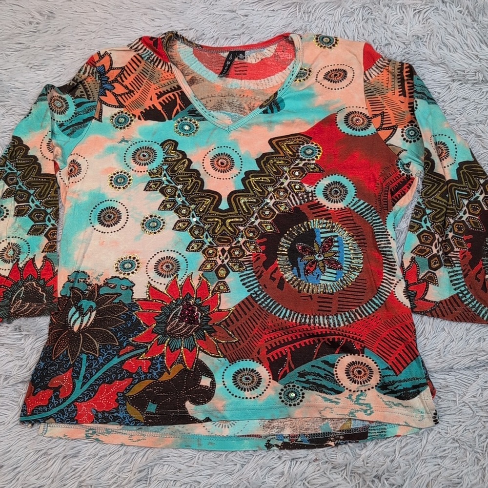 Le Mieux Studio Shirt Womens XL Aztec Top Southwest Beaded Casual Comfort‎